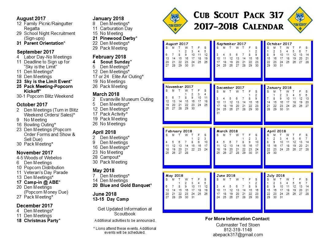 Calendar Cub Scout Pack 317
